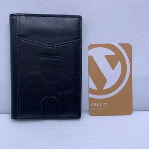 VULKIT Mens OS Black Slim Leather Bifold Card Holder Wallet NWT